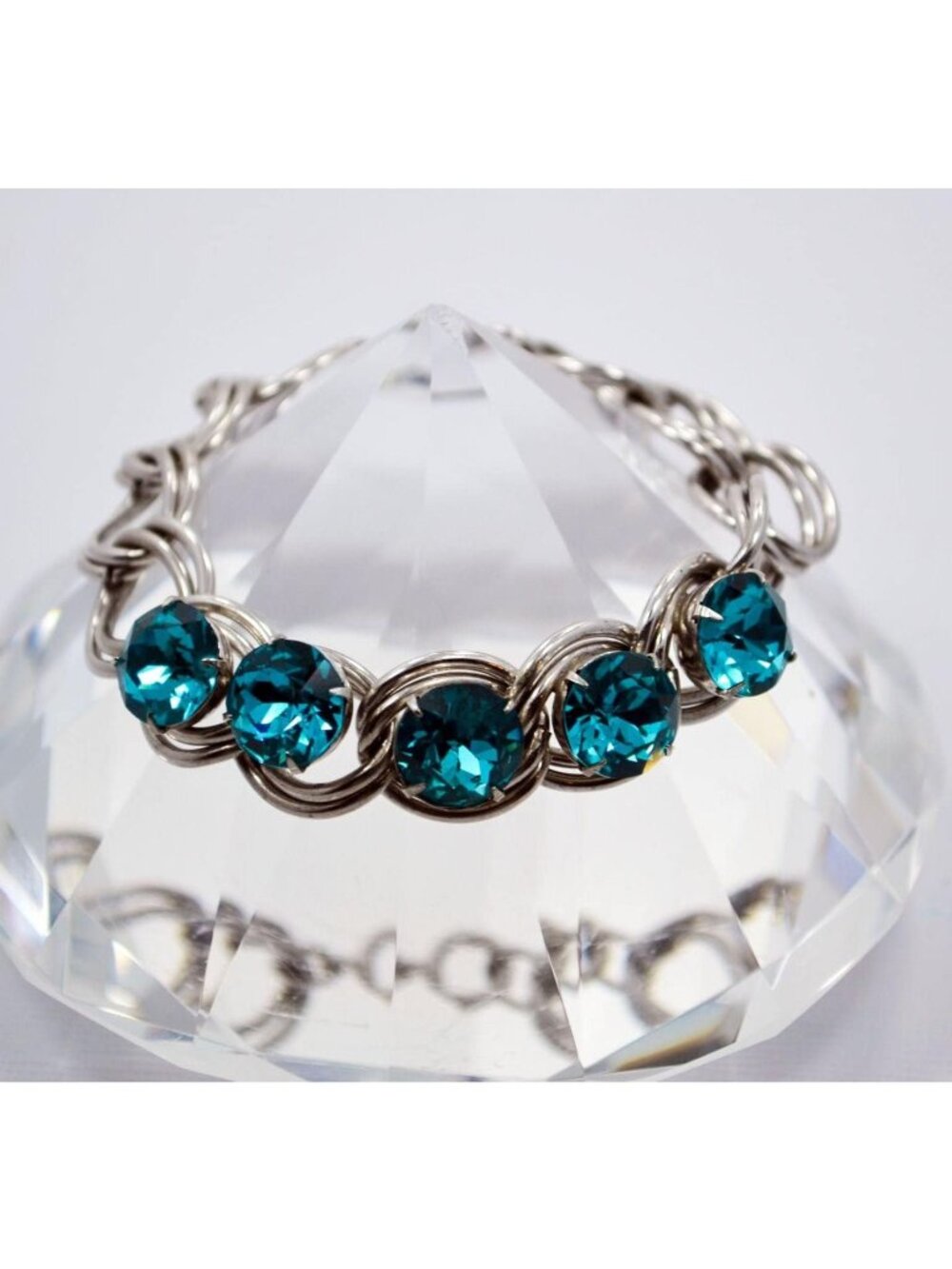 Vintage Aquamarine Rhinestone Bracelet Silver Tone Link Bracelet - Picture 1 of 5